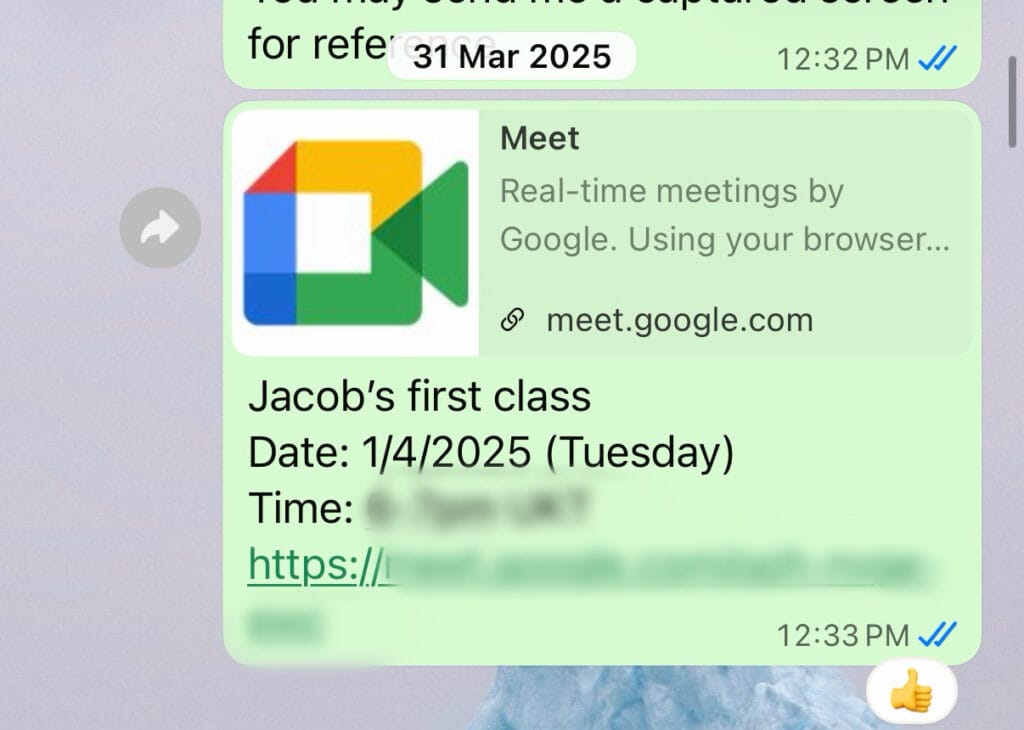 WhatsApp screenshot confirming Jacob's first English tutoring lesson in April 2025 with Google Meet link: Oxford tutor Polly Leung