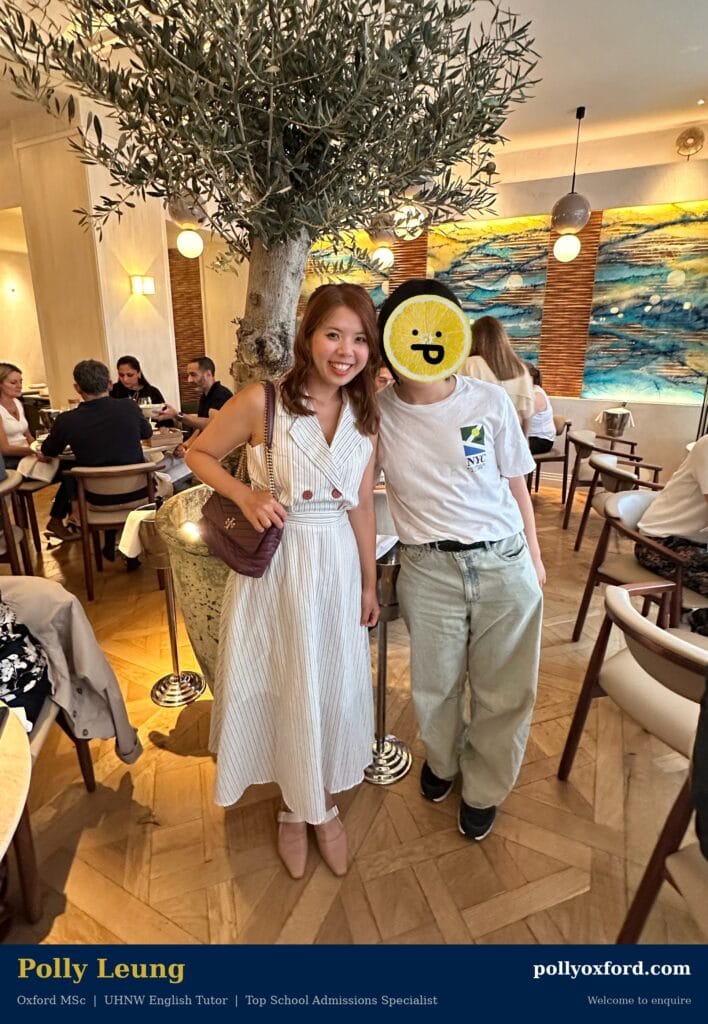 牛津導師Polly Leung與UCL學生Jacob在倫敦希臘餐廳合照 UCAS Personal Statement指導 香港學生英國升學成功案例 Oxford tutor Polly Leung and UCL student Jacob at a Greek restaurant in London — UCAS Personal Statement coaching Hong Kong student UK university success